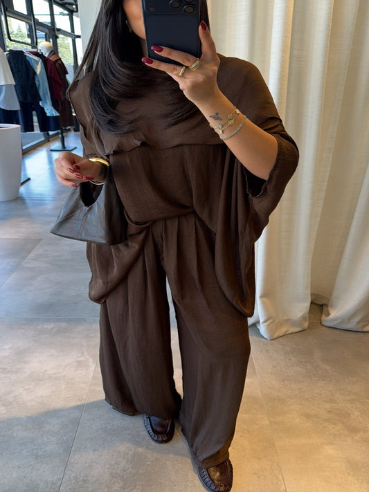Draped Overlay Relaxed Modest Set Brown