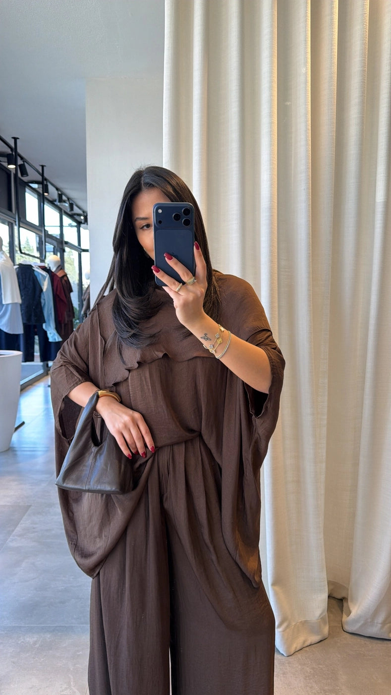 Draped Overlay Relaxed Modest Set Brown