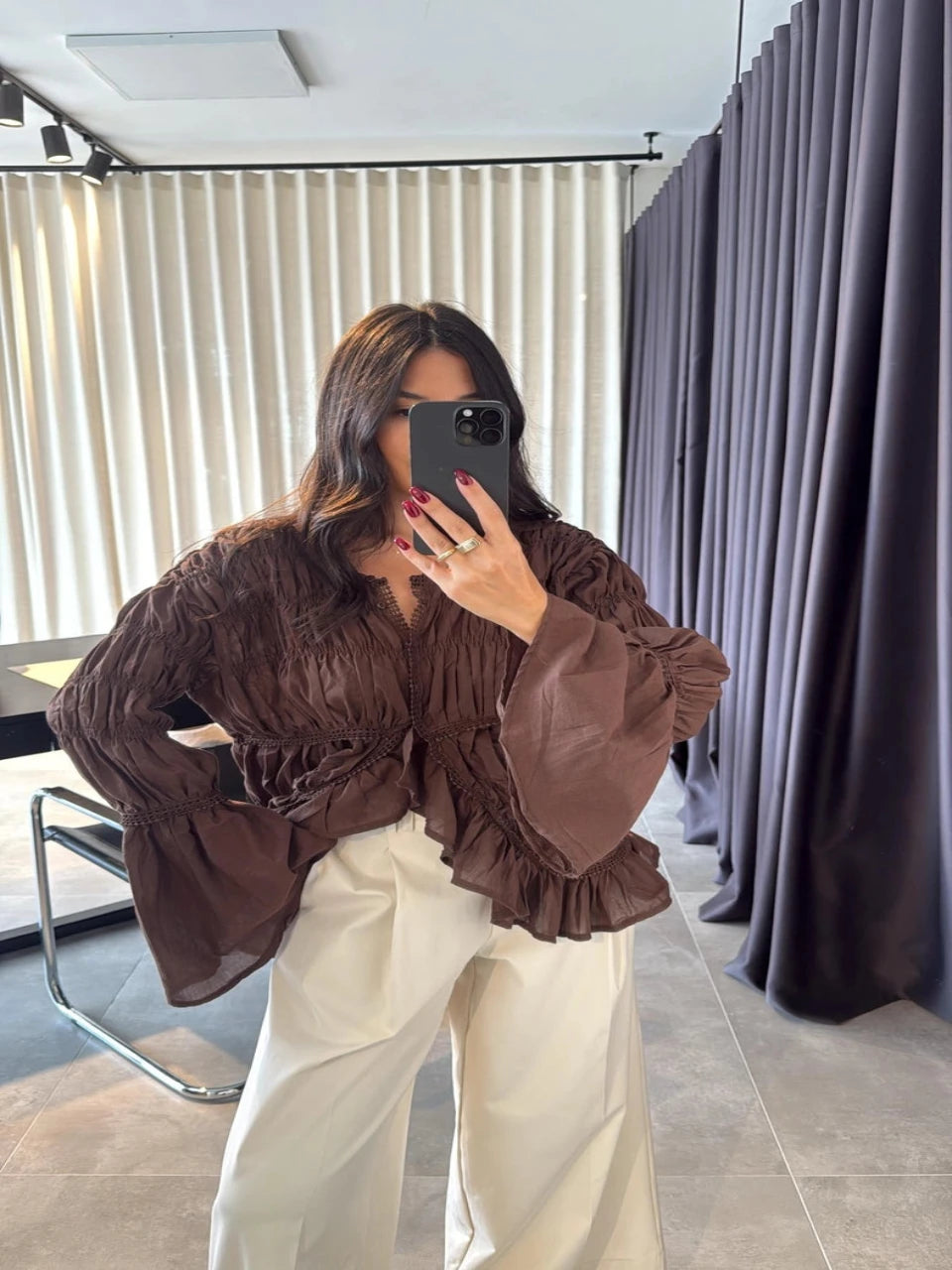 Molina Ruched Voile Blouse Brown