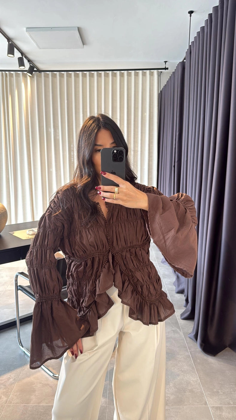 Molina Ruched Voile Blouse Brown