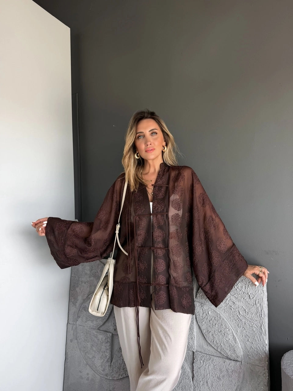 Mila Embroidered Sheer Kimono Brown