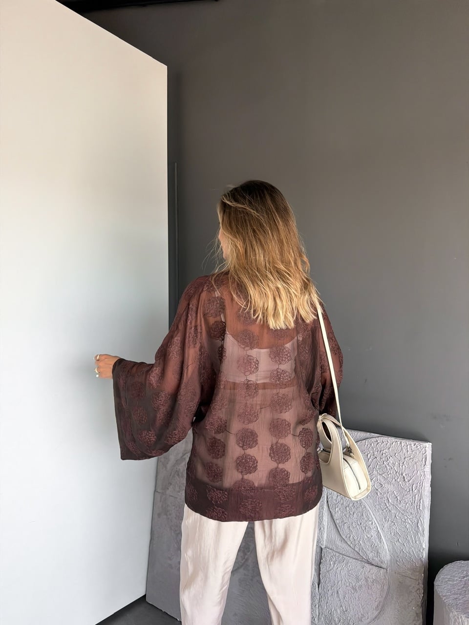 Mila Embroidered Sheer Kimono Brown