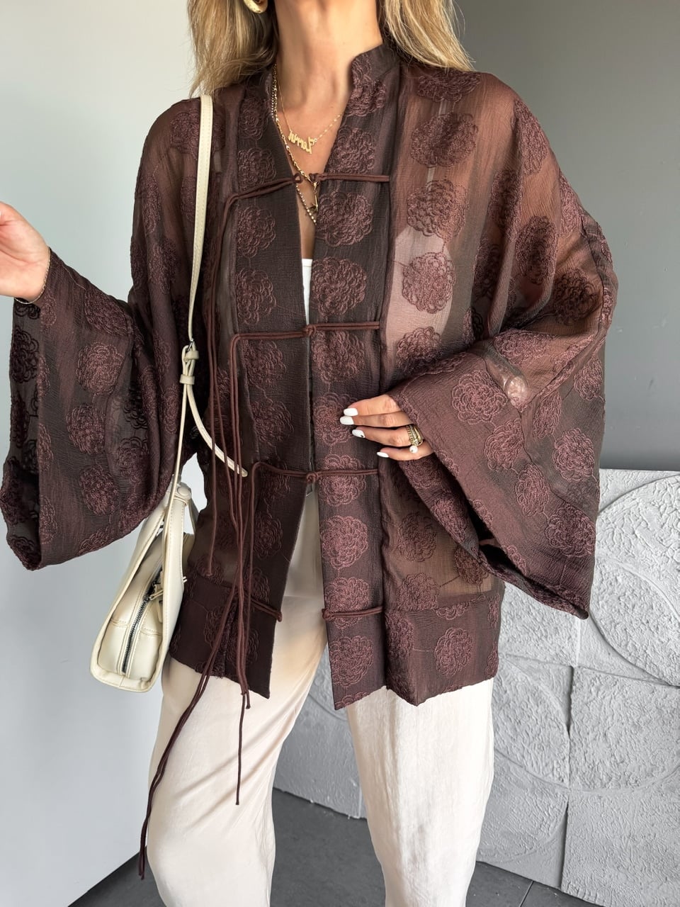 Mila Embroidered Sheer Kimono Brown
