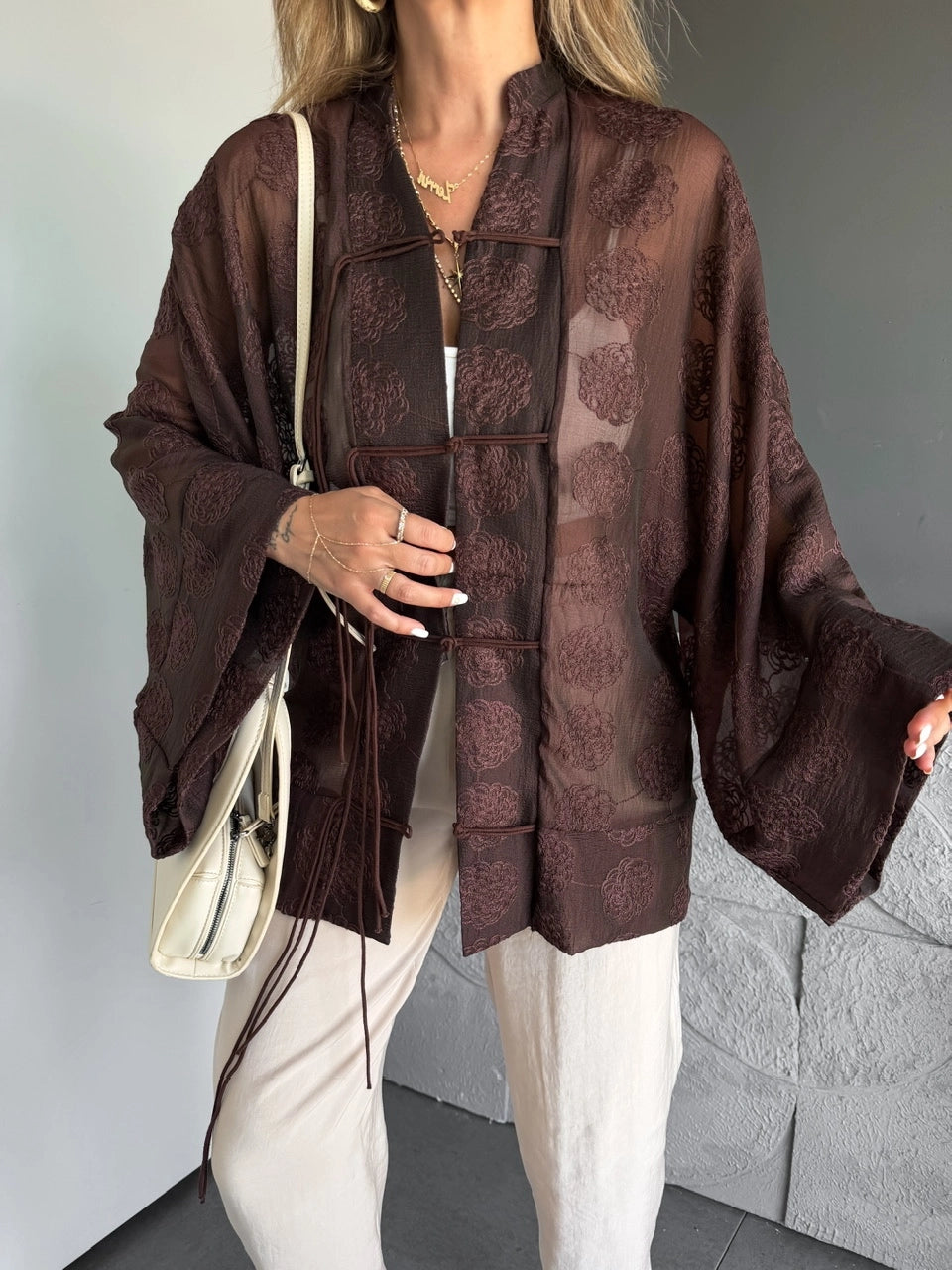 Mila Embroidered Sheer Kimono Brown