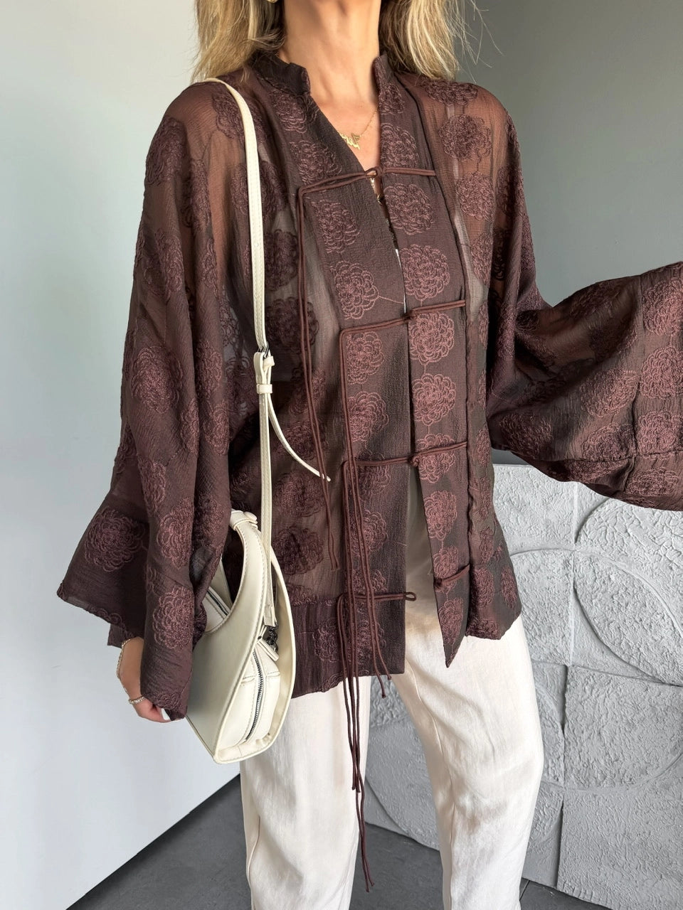 Mila Embroidered Sheer Kimono Brown