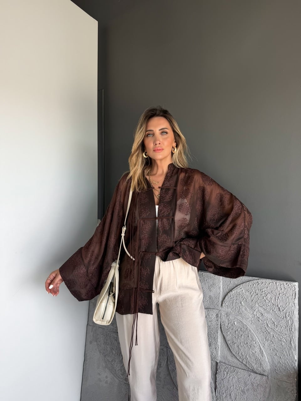 Mila Embroidered Sheer Kimono Brown
