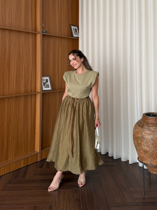 Luna Belted Midi Dress Khaki