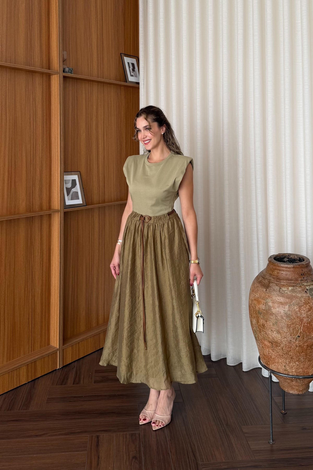 Luna Belted Midi Dress Khaki
