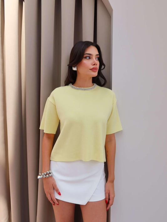 Studded Neckline Knit Butter Yellow