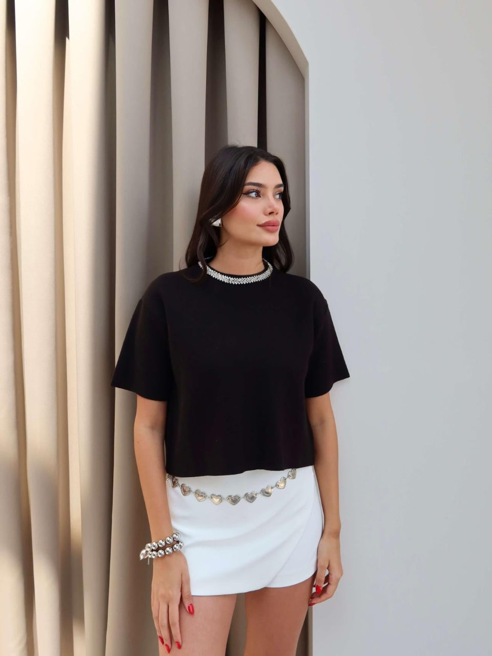 Studded Neckline Knit Black