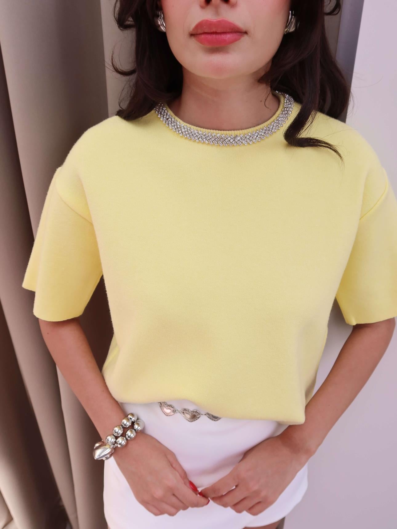Studded Neckline Knit Butter Yellow