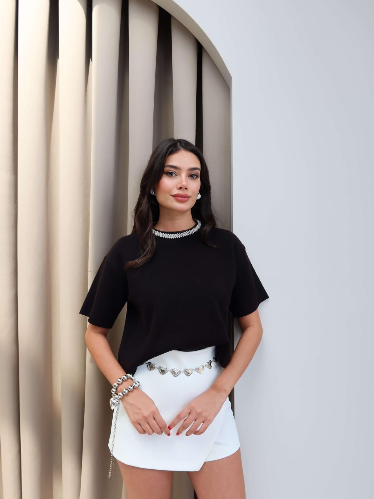 Studded Neckline Knit Black