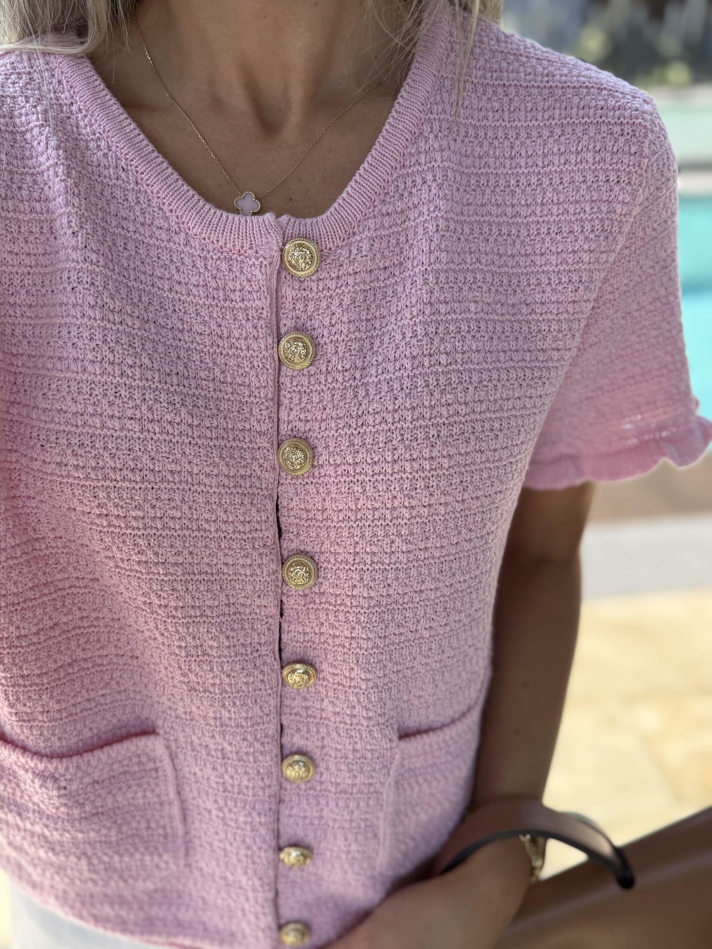 Short-Sleeve Pink Knit with Gold Buttons