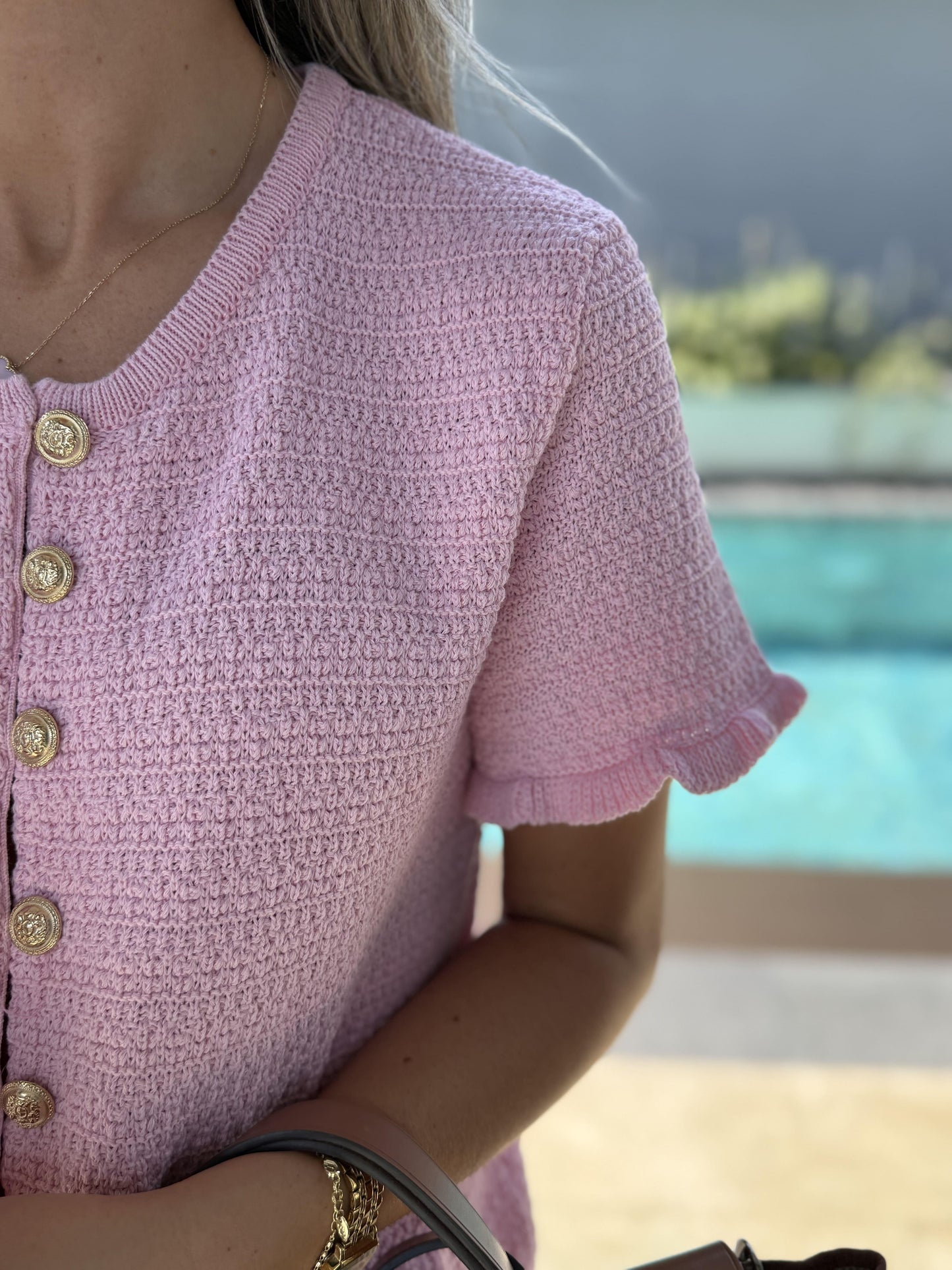 Short-Sleeve Pink Knit with Gold Buttons