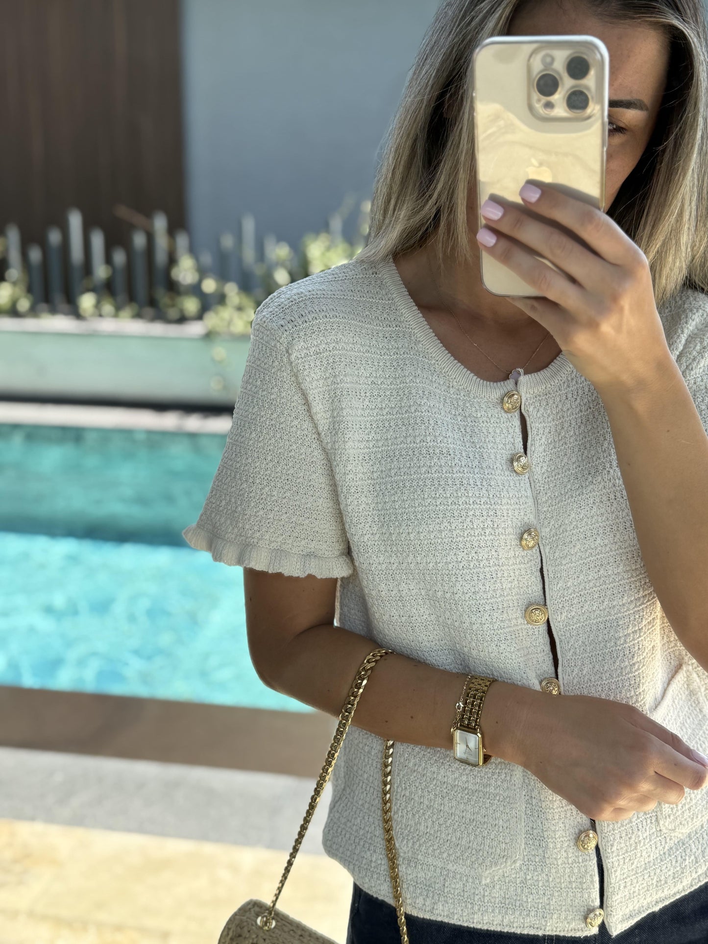 Short-Sleeve Cream Knit with Gold Buttons