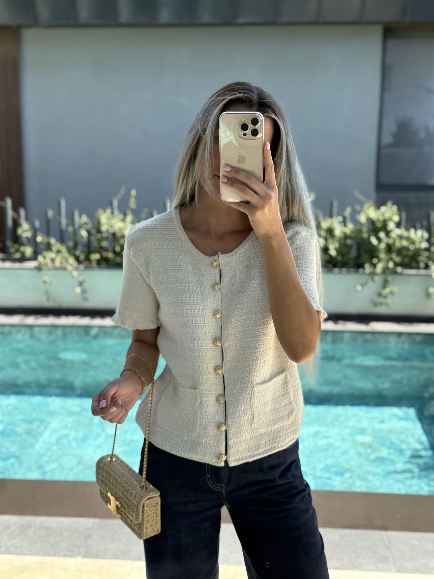 Short-Sleeve Cream Knit with Gold Buttons