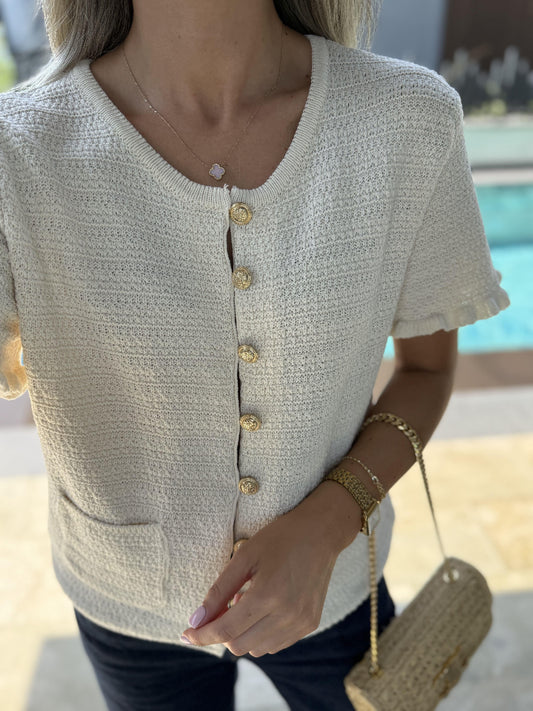 Short-Sleeve Cream Knit with Gold Buttons