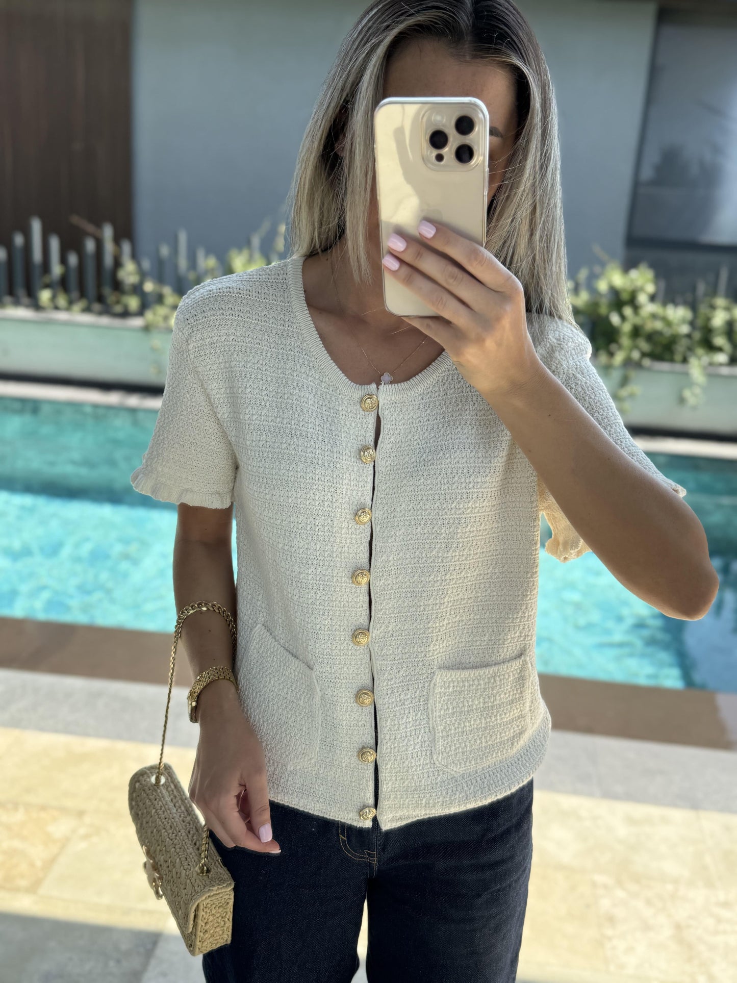 Short-Sleeve Cream Knit with Gold Buttons