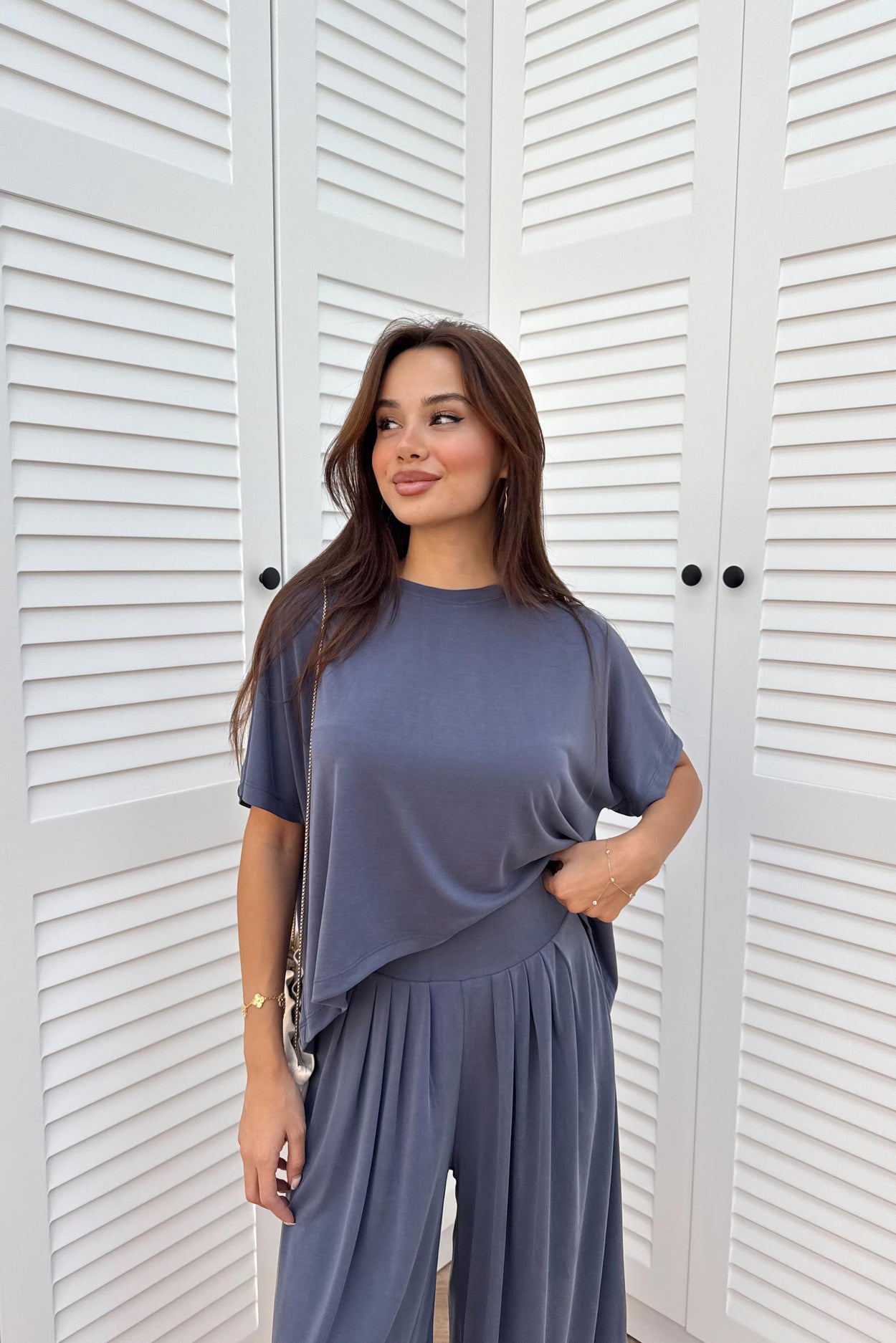 Dusty Blue Soft Modal Tee & Salwar Balloon Pants Set