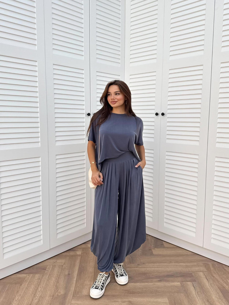 Dusty Blue Soft Modal Tee & Salwar Balloon Pants Set
