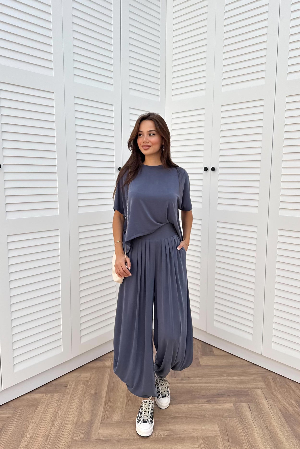 Dusty Blue Soft Modal Tee & Salwar Balloon Pants Set