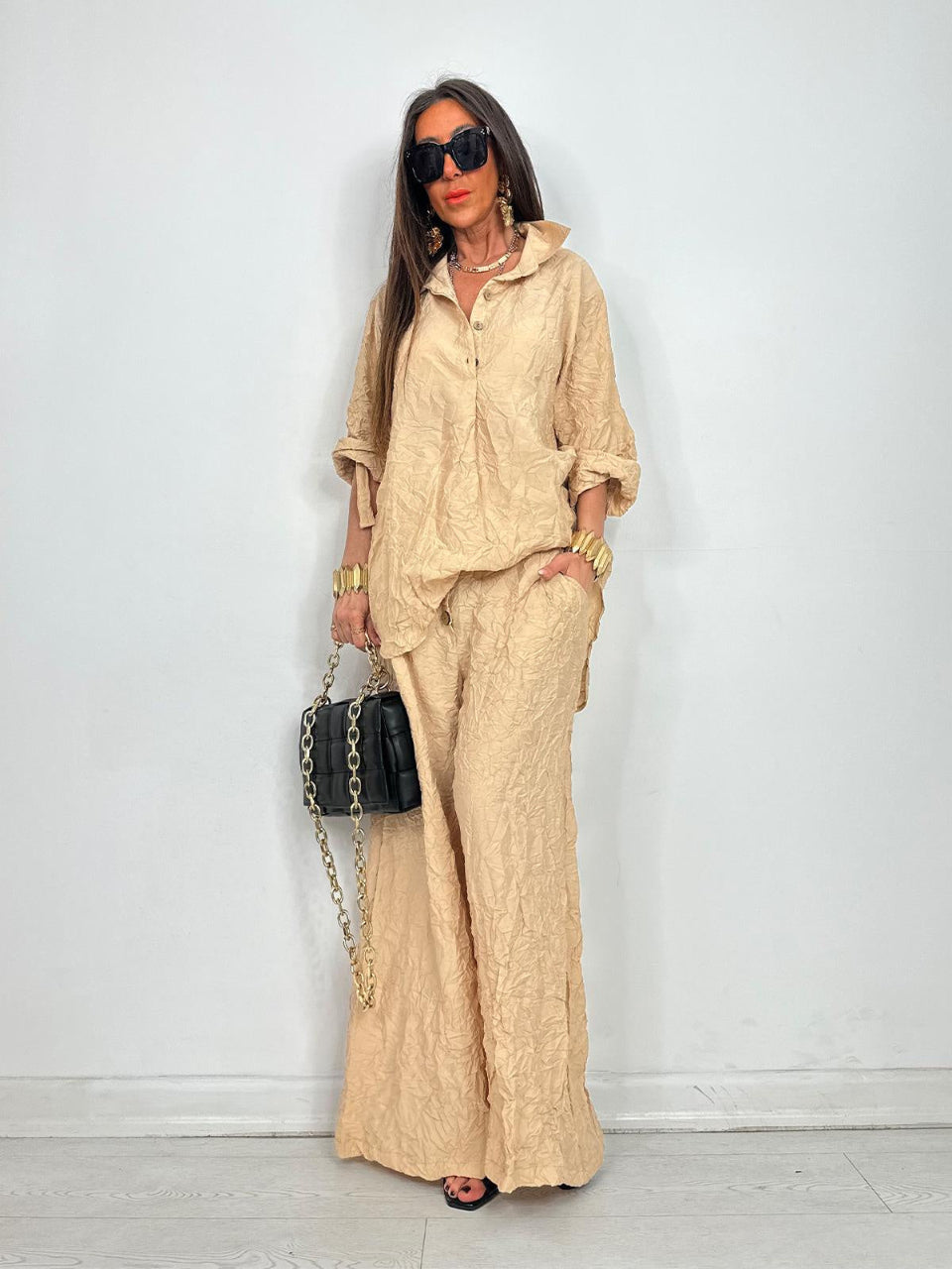 Crinkle Wide-Leg Set Beige