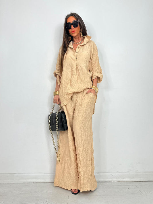 Crinkle Wide-Leg Set Beige