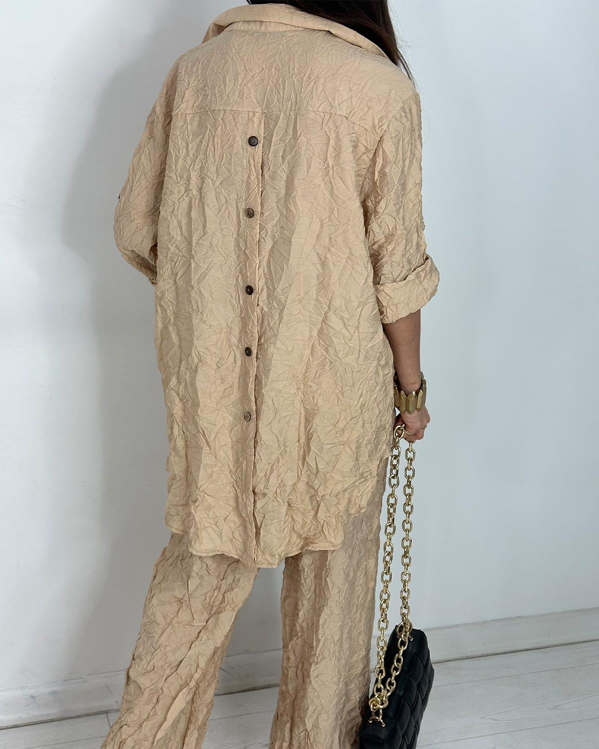 Crinkle Wide-Leg Set Beige