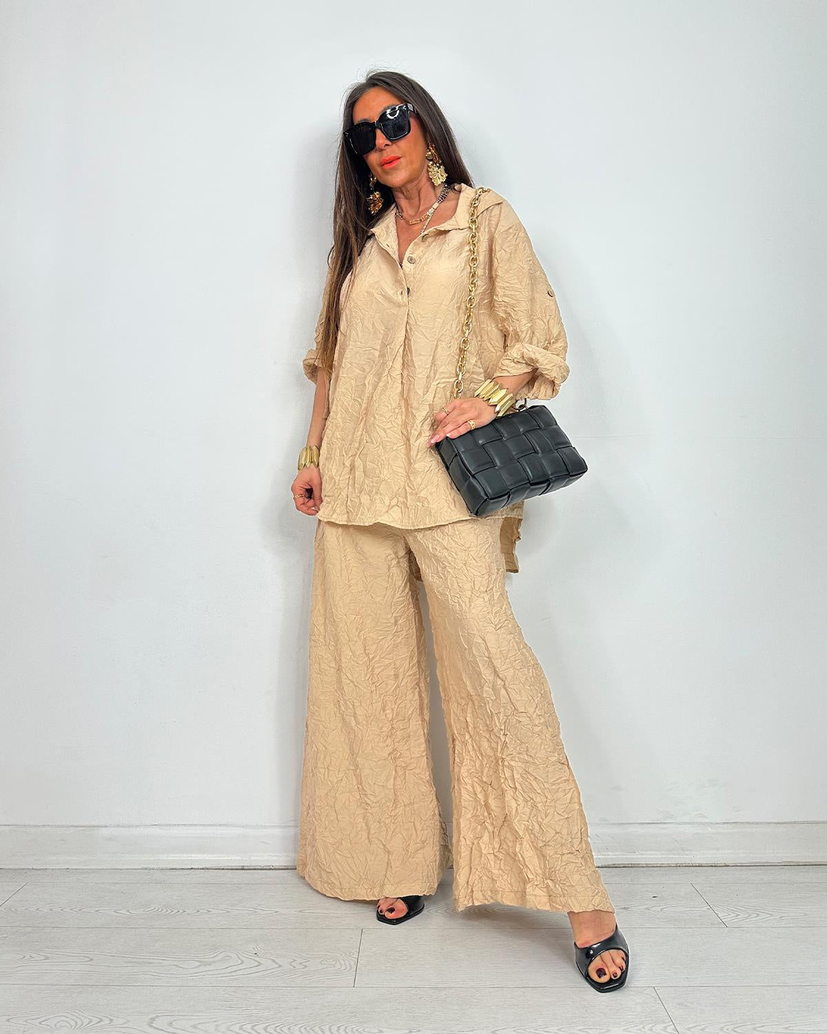 Crinkle Wide-Leg Set Beige