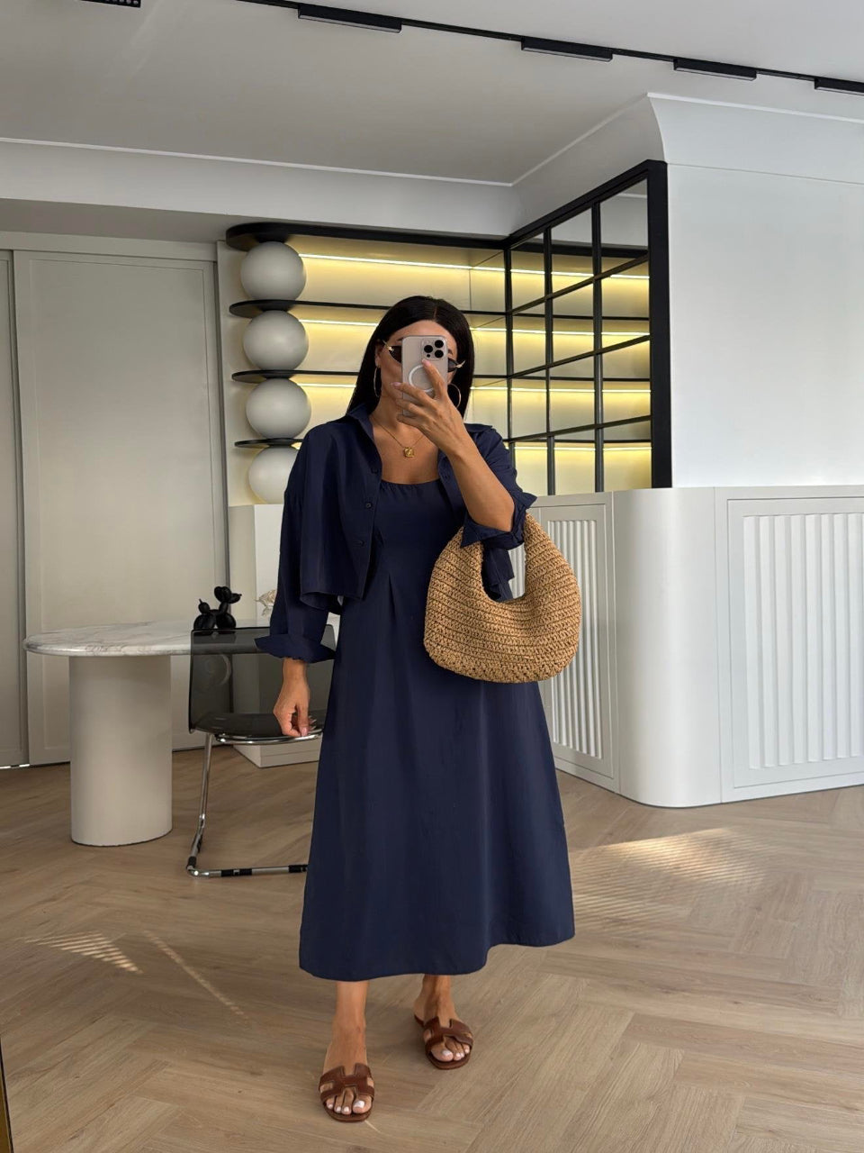 Effortless Elegance Tencel Dress & Oversized Shirt Jacket Set Navy