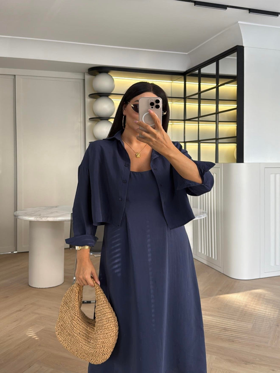 Effortless Elegance Tencel Dress & Oversized Shirt Jacket Set Navy