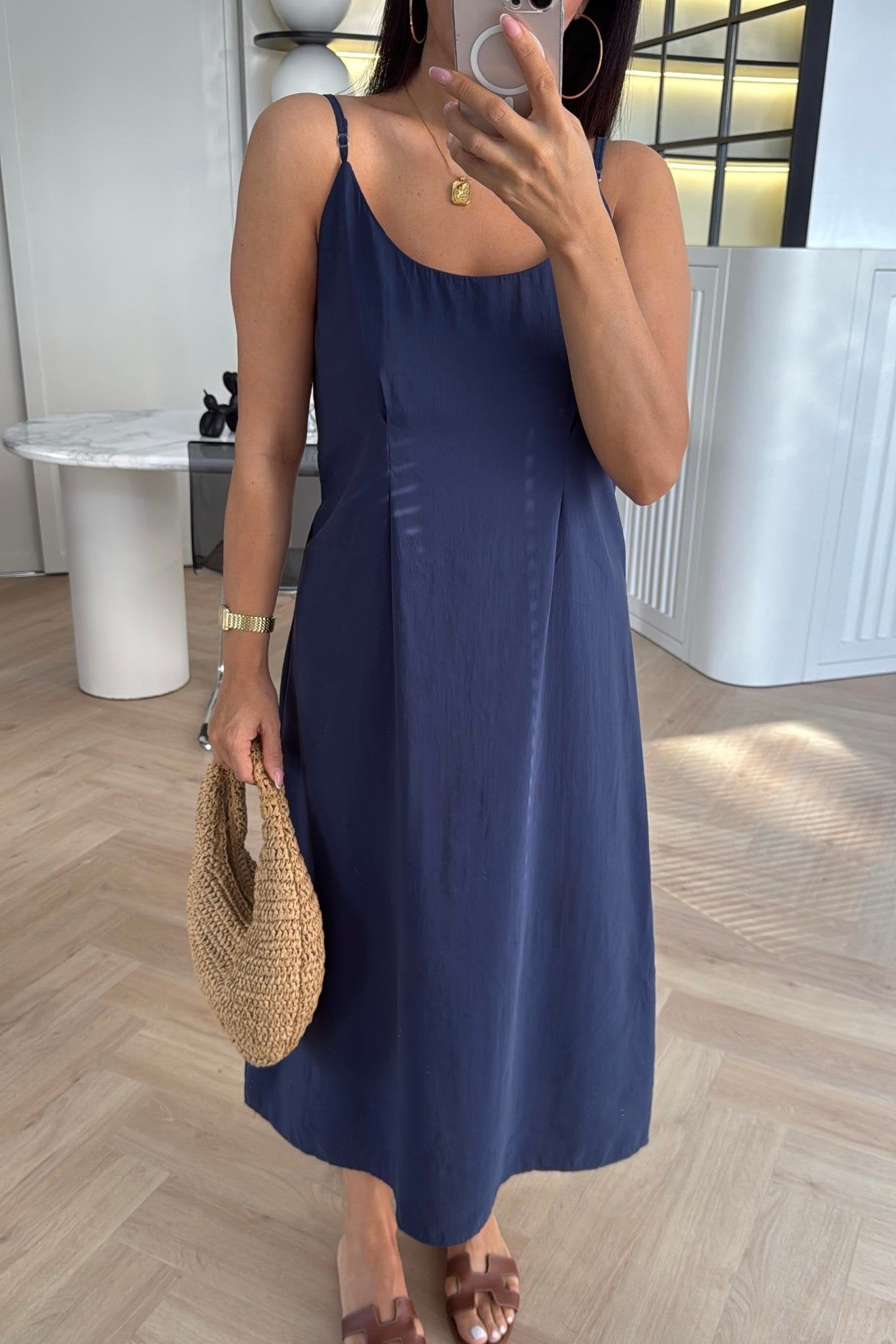 Effortless Elegance Tencel Dress & Oversized Shirt Jacket Set Navy