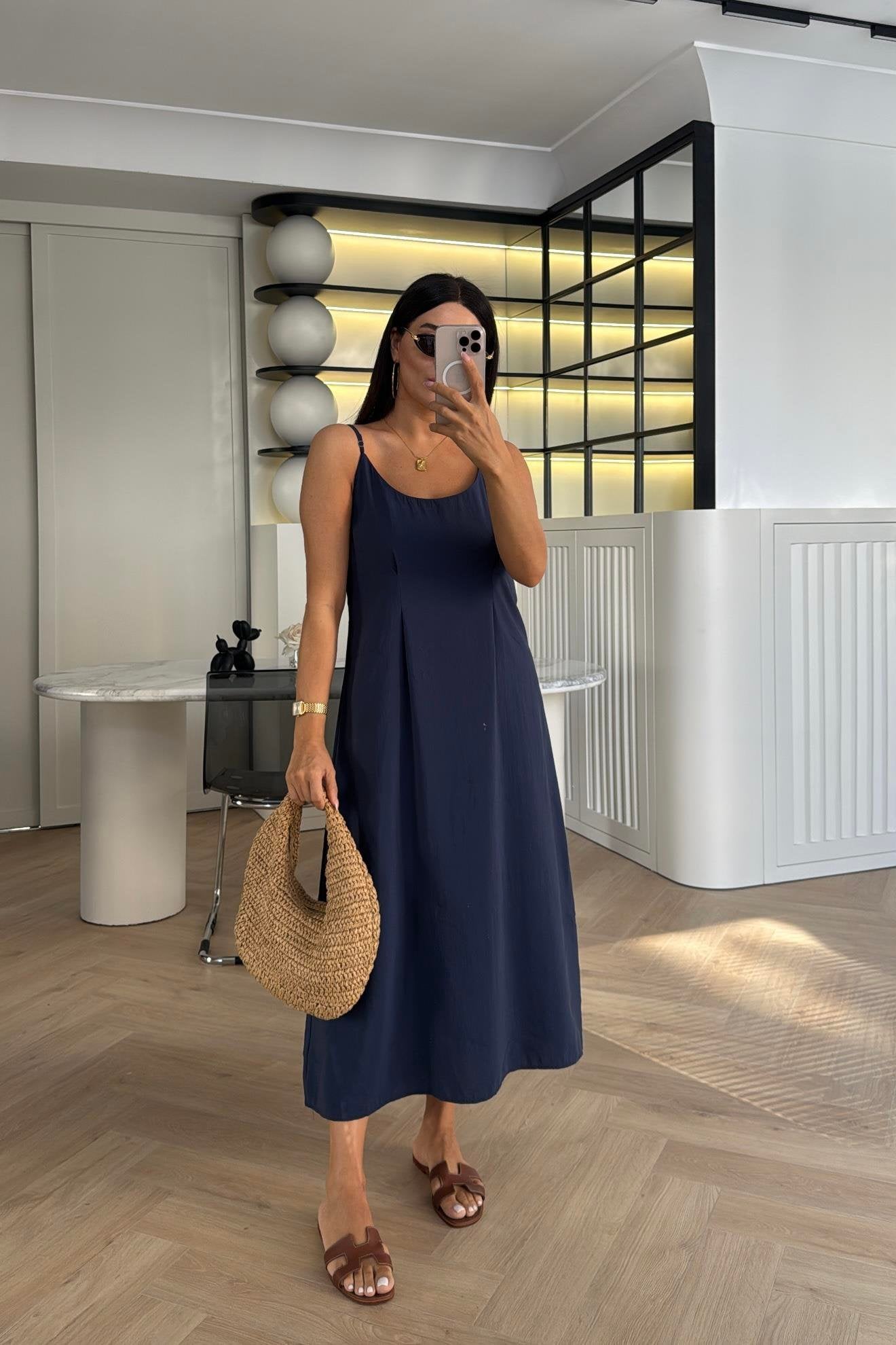 Effortless Elegance Tencel Dress & Oversized Shirt Jacket Set Navy