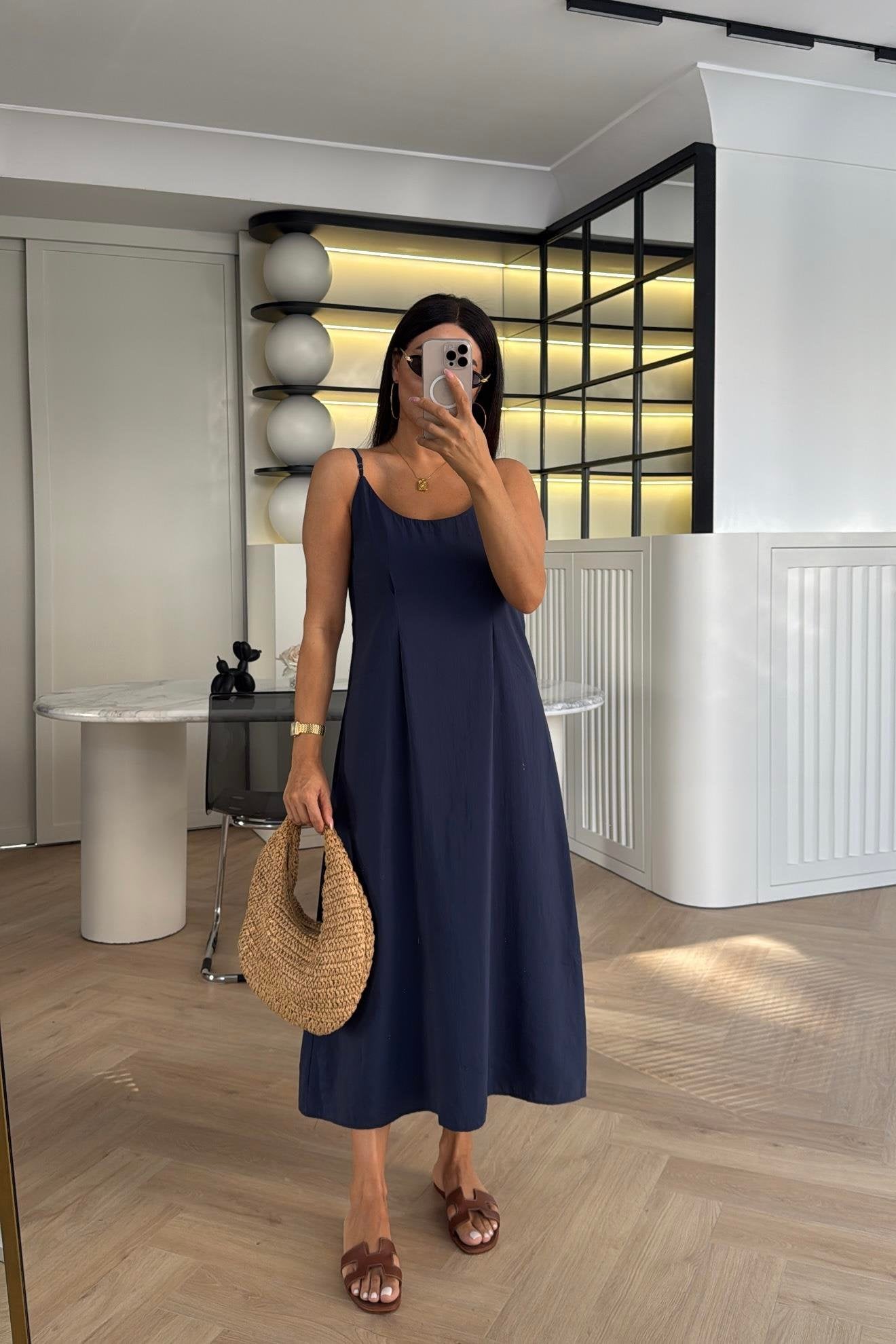 Effortless Elegance Tencel Dress & Oversized Shirt Jacket Set Navy