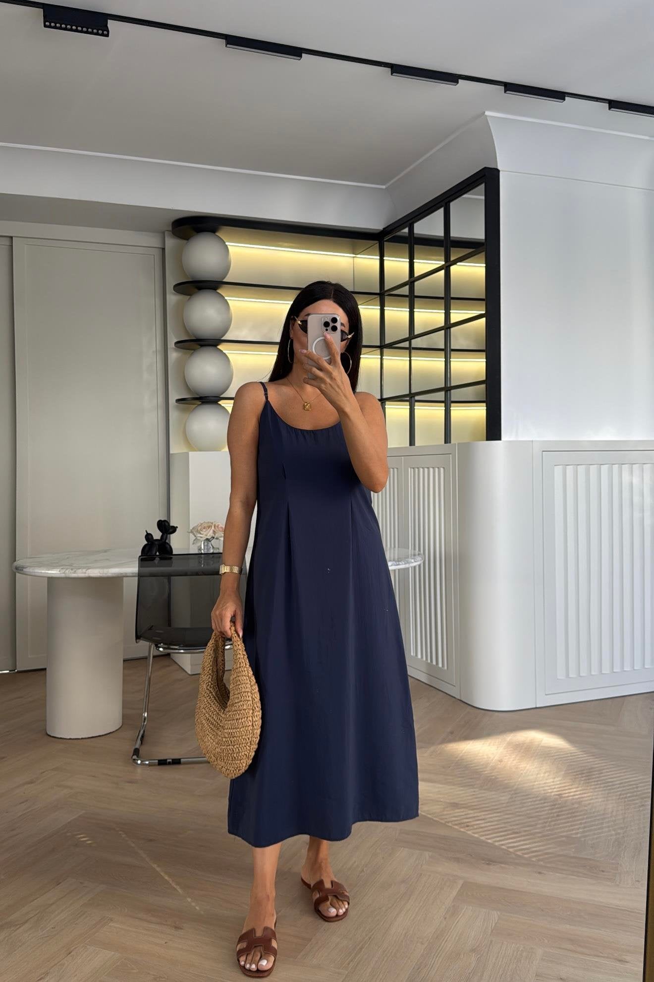 Effortless Elegance Tencel Dress & Oversized Shirt Jacket Set Navy