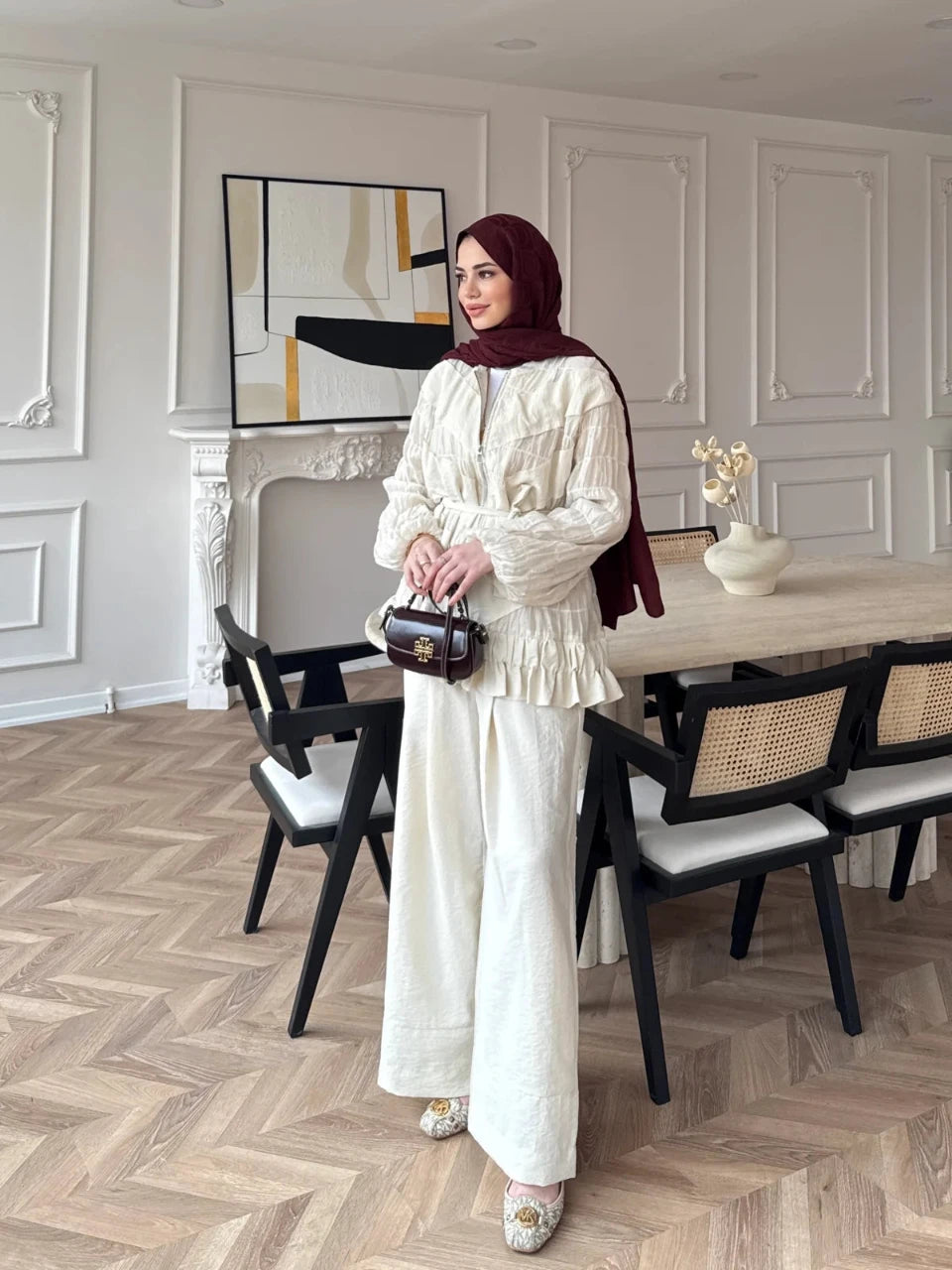 Ruched Cupro Belted Modest Set Cream