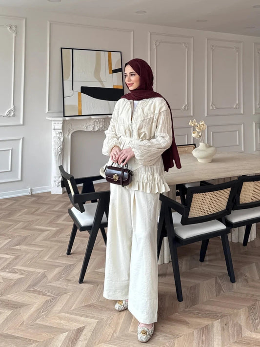 Ruched Cupro Belted Modest Set Cream