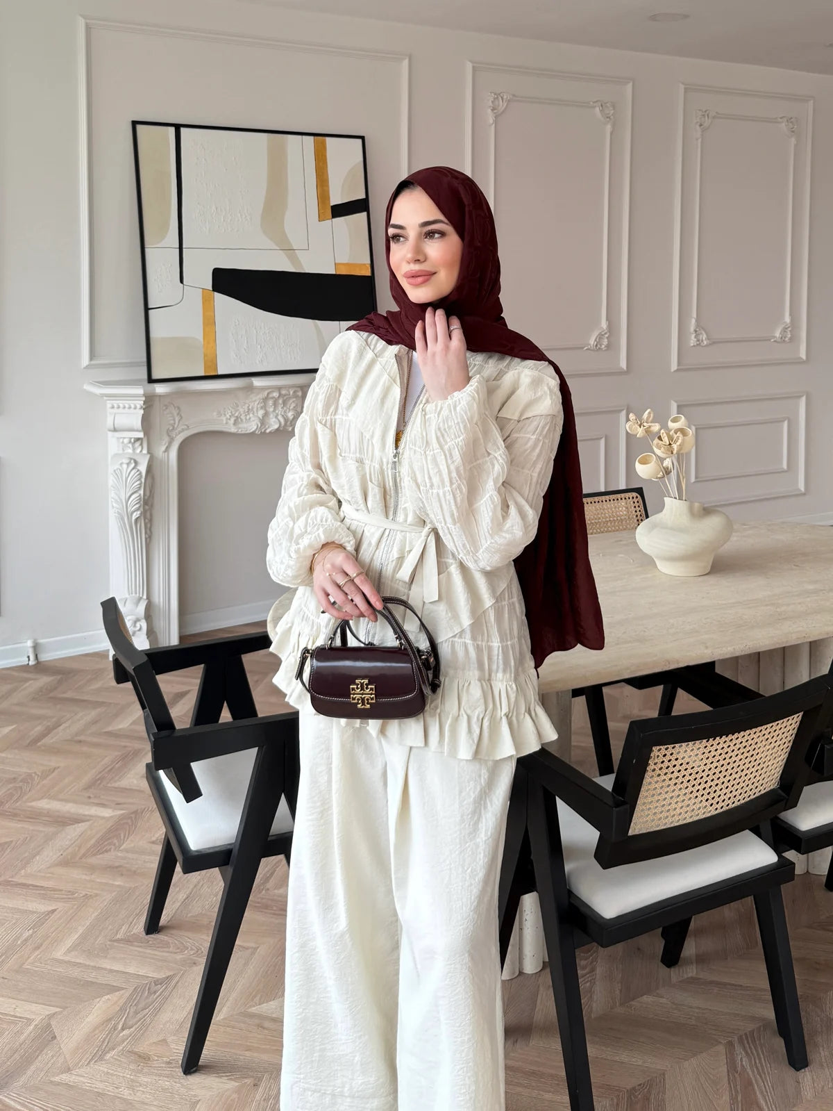 Ruched Cupro Belted Modest Set Cream