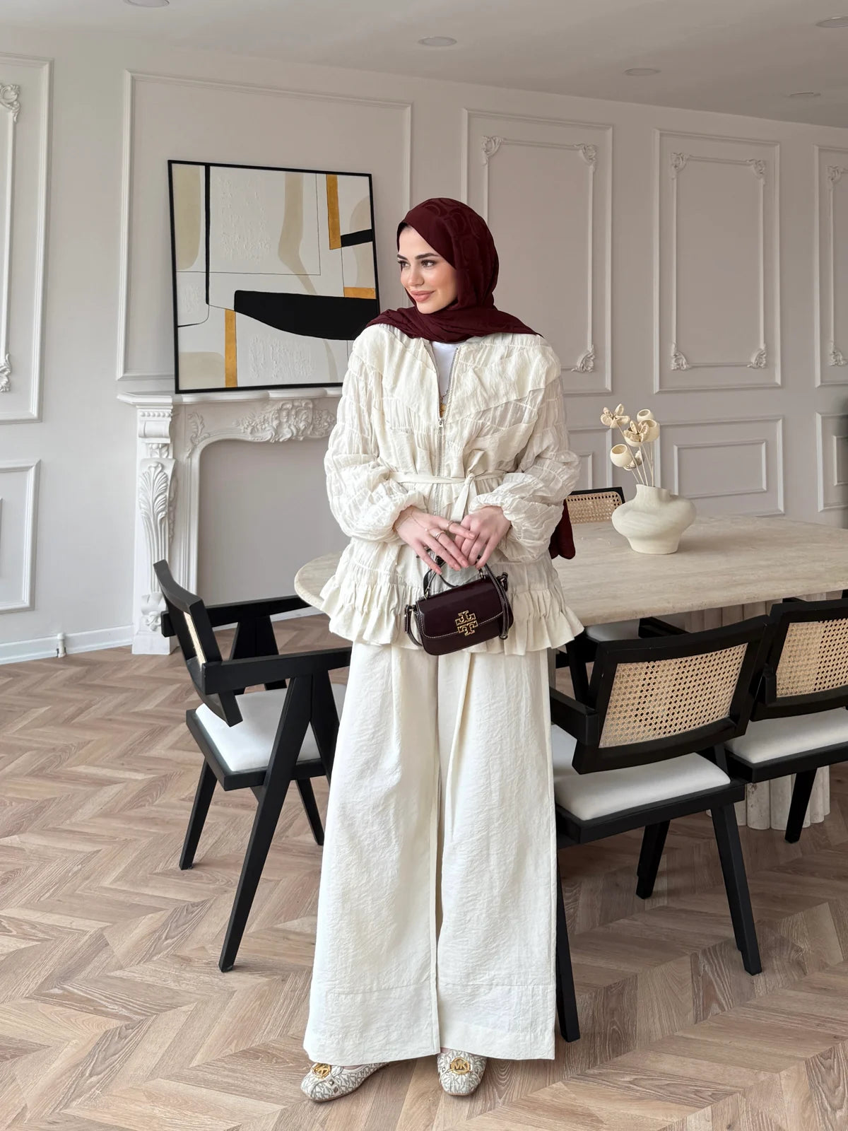 Ruched Cupro Belted Modest Set Cream