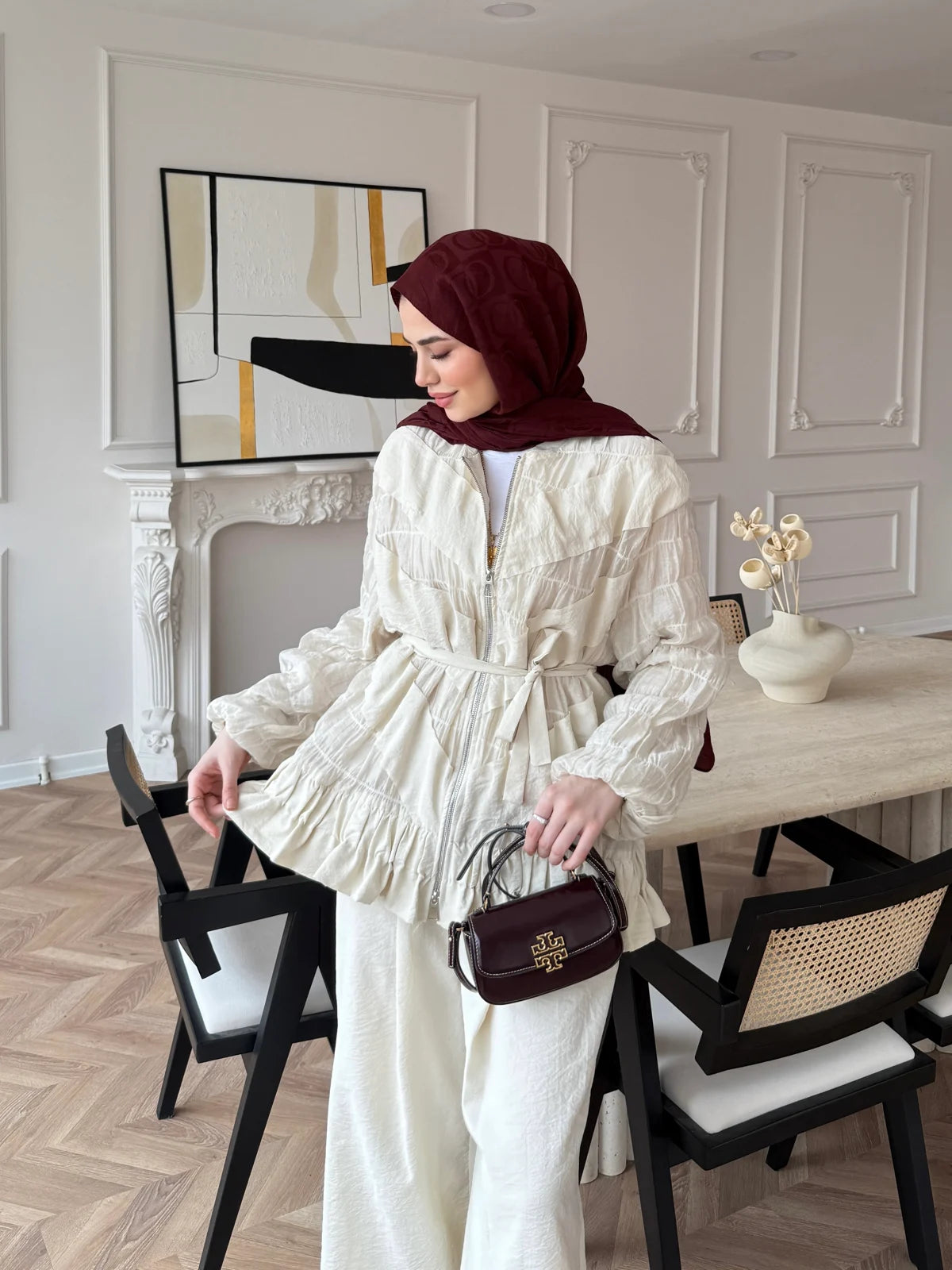 Ruched Cupro Belted Modest Set Cream