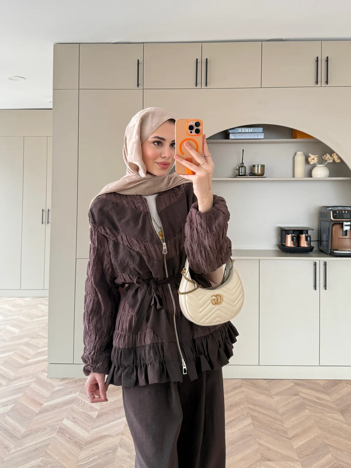 Ruched Cupro Belted Modest Set Brown