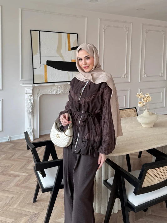 Ruched Cupro Belted Modest Set Brown
