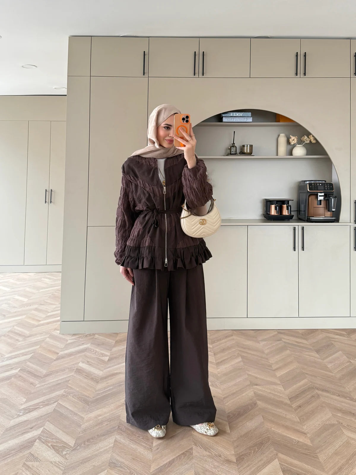 Ruched Cupro Belted Modest Set Brown