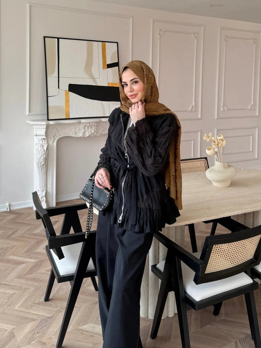 Ruched Cupro Belted Modest Set Black
