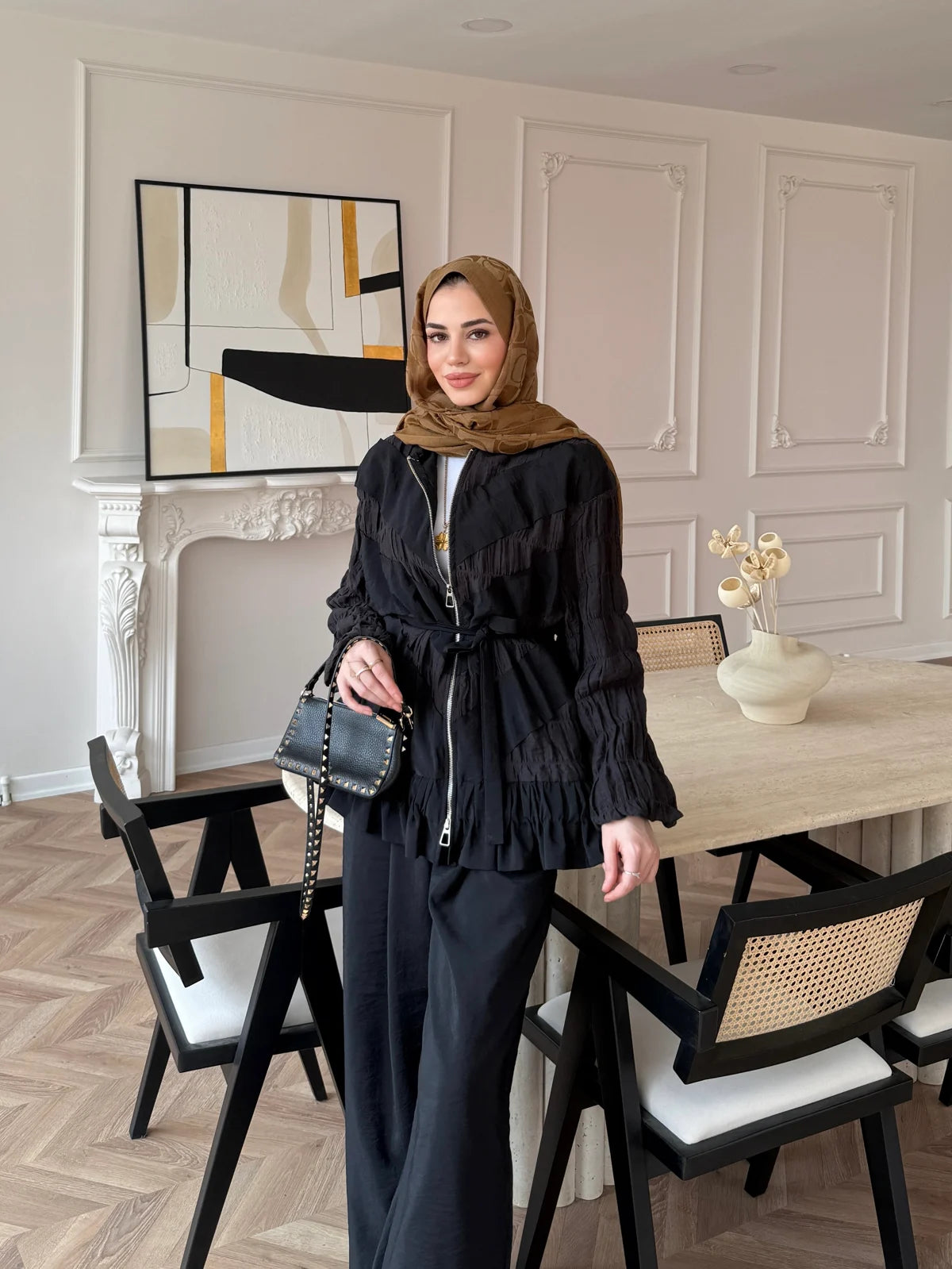 Ruched Cupro Belted Modest Set Black