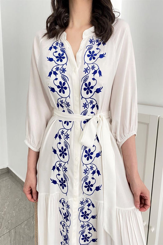 White Cotton With Blue Floral Embroidery
