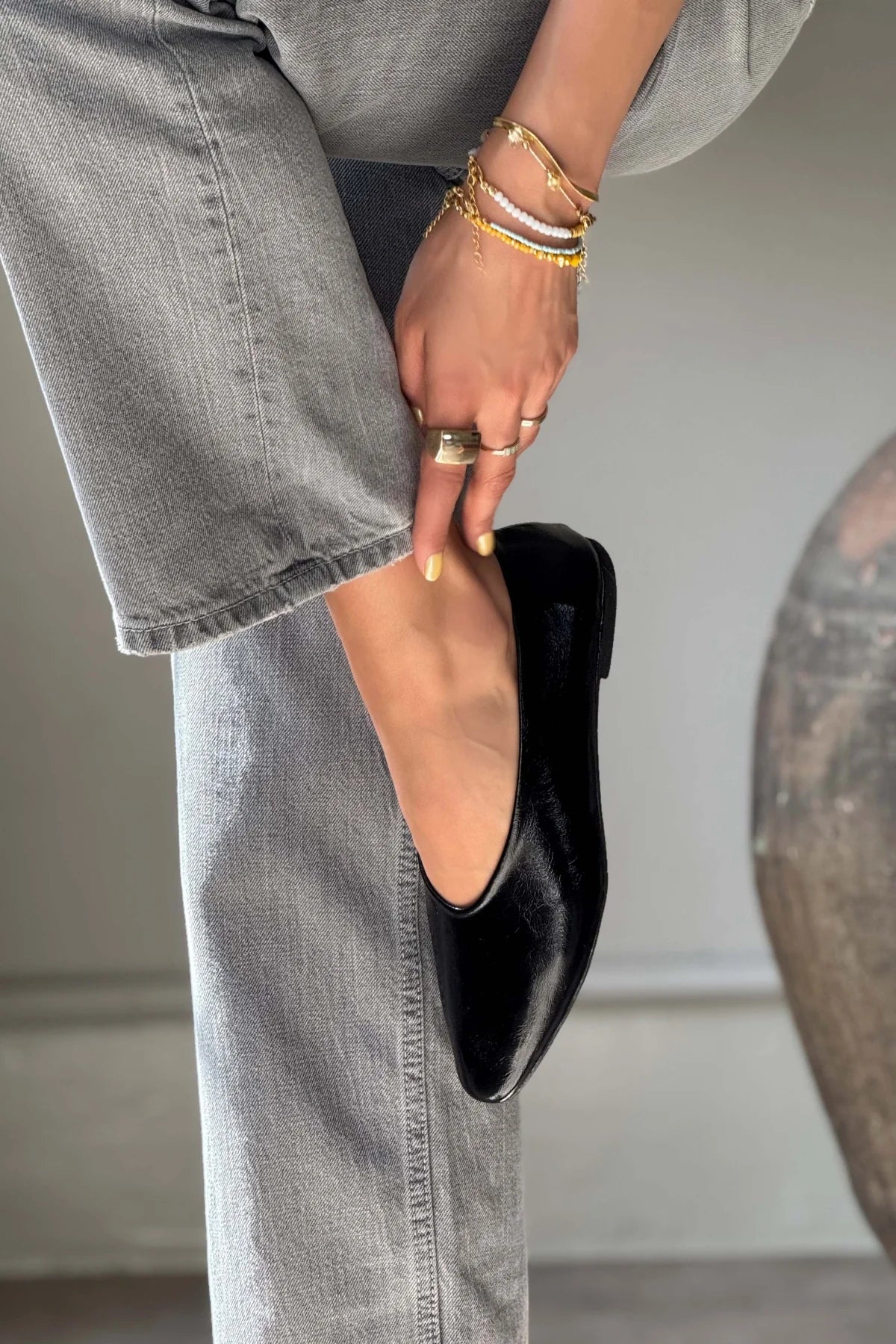 MILA Black Crinkled Matte Finish Flat Ballerina Shoes