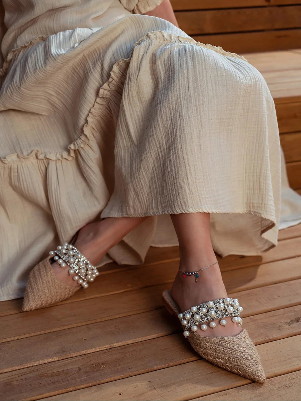 Woven Pearl-Embellished Flat Mules