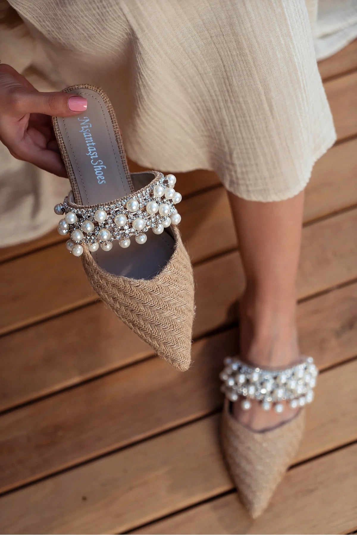 Woven Pearl-Embellished Flat Mules