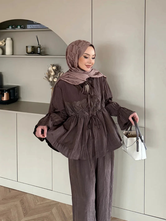 Lace Detail Crinkle Modest Set Brown